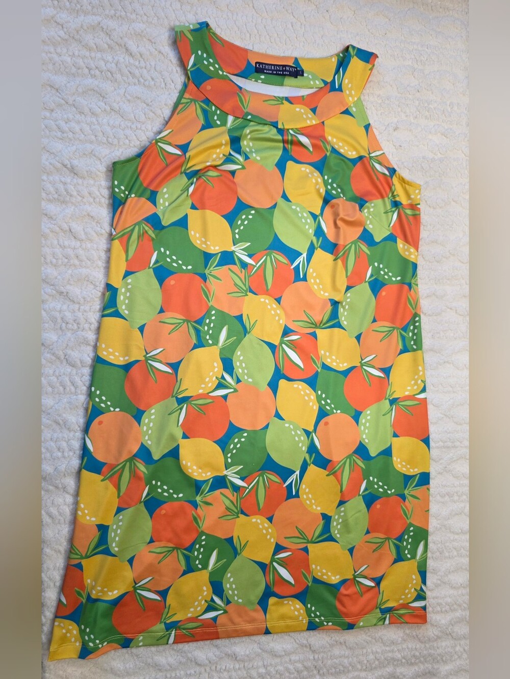 Katherine Way Citrus Fruit Print Shift Dress Size L Made in USA